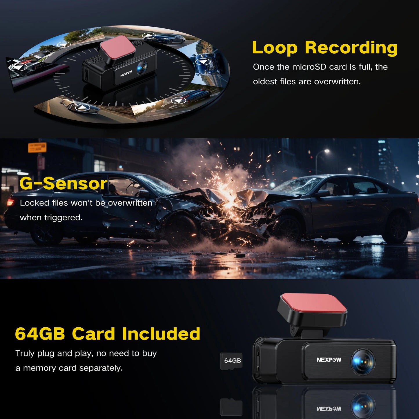 4K+2K Dash Cam,Front and Rear Dual Dash Camera with 64GB Card, Built-In Wifi, Night Vision, G-Sensor, Loop Recording