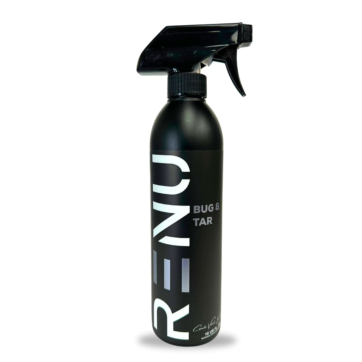 A black spray bottle of RENU Bug & Tar cleaner, featuring a matte black finish, a black trigger spray top, and bold white text on the front, set against a plain white background.