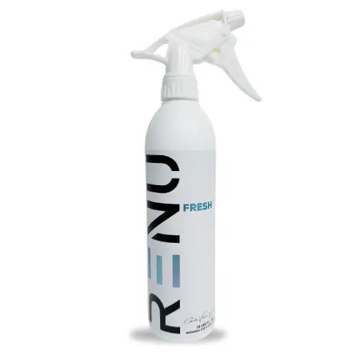 A white spray bottle of RENO Fresh air freshener with a white trigger sprayer, featuring black and blue branding on a white background.
