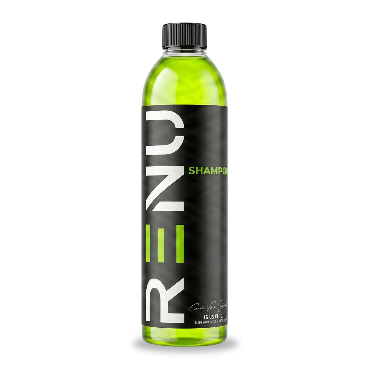 Bottle of REN shampoo with green liquid on a white background