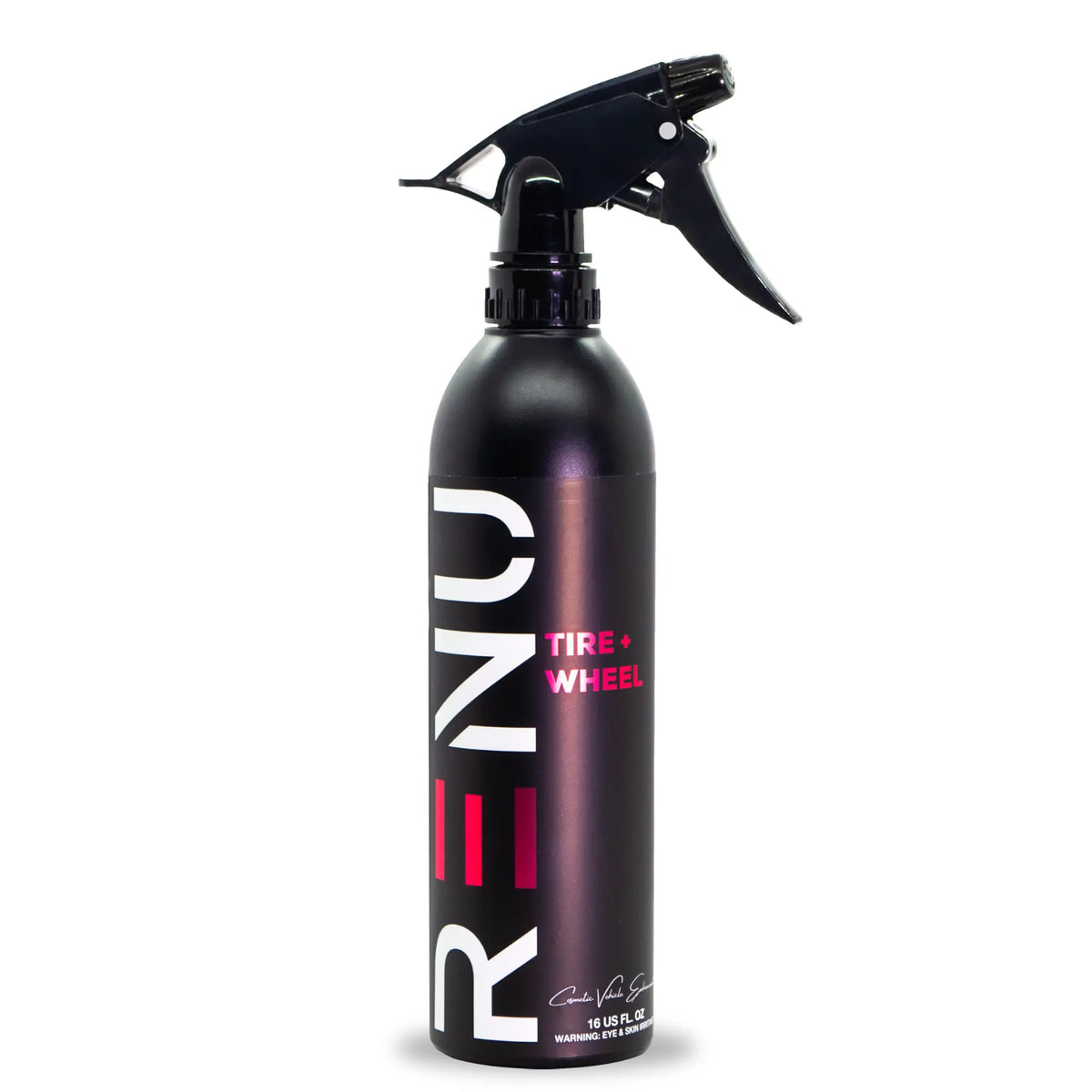 A 16 oz spray bottle of RENU Tire + Wheel cleaning product, featuring a black trigger sprayer and a metallic dark purple bottle with white and pink branding, set against a plain white background.