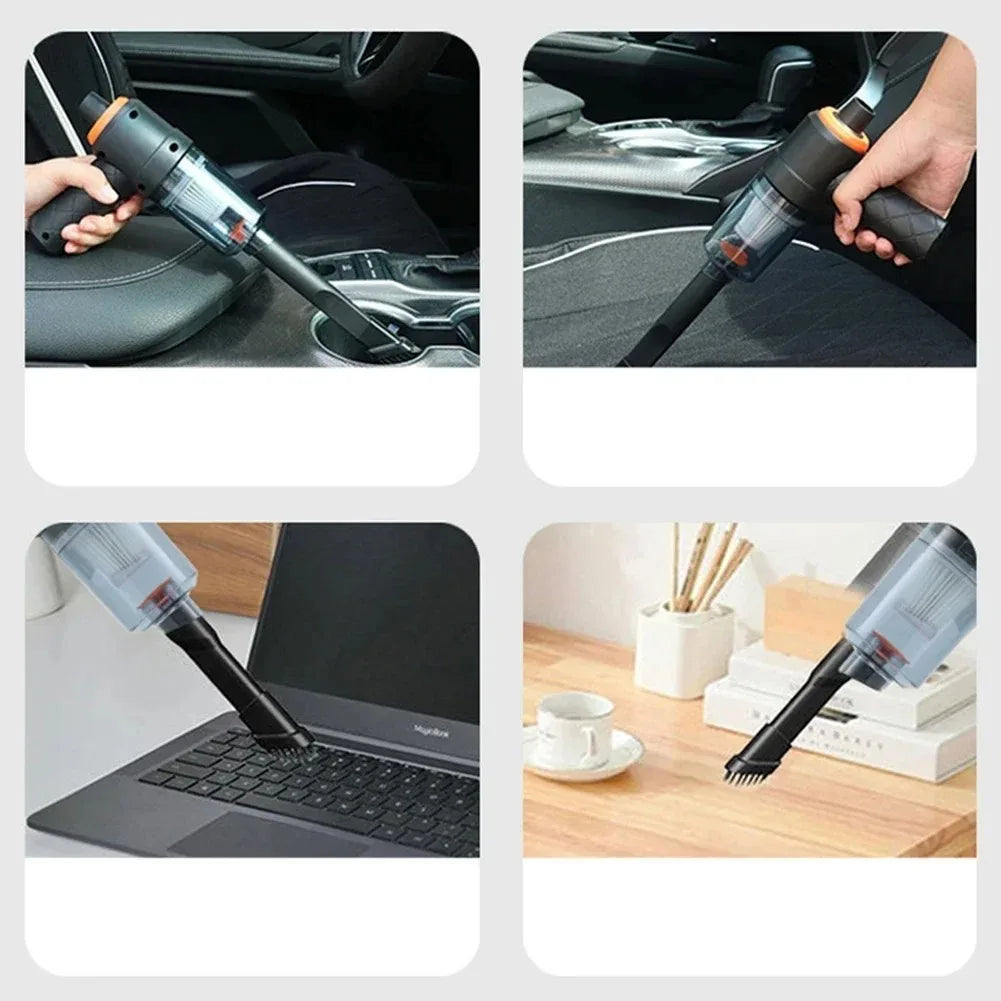 Multifunctional vacuum cleaner being used in various settings including a car, desk, and laptop.