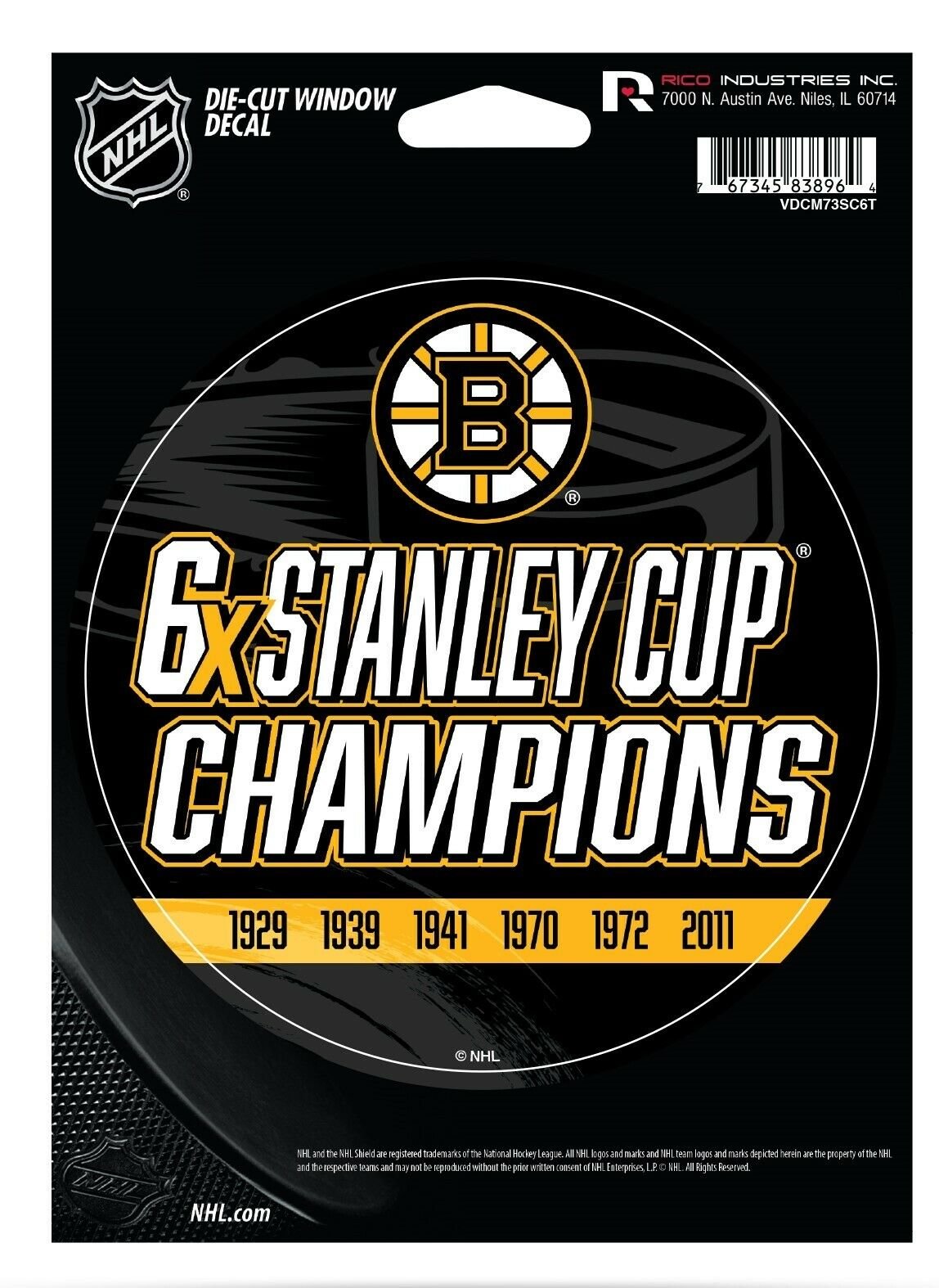 Boston Bruins 5" Decal Sticker 6X Time Champions Flat Vinyl Auto Emblem Hockey