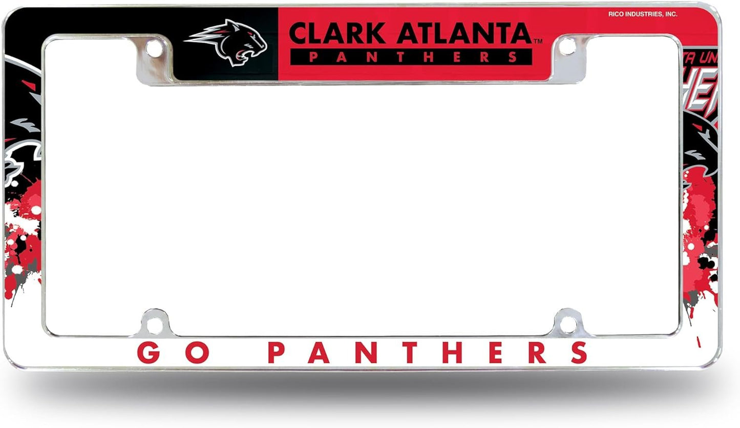 Clark Atlanta University Panthers Metal License Plate Frame Tag Cover, All Over Design, EZ View, Heavy Duty, 12x6 Inch