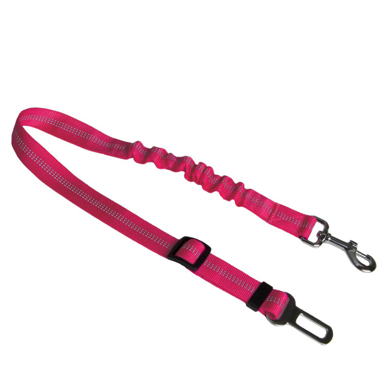 Elastic dog car seat belt tether in rose red with bungee section, snap hook and buckle clip