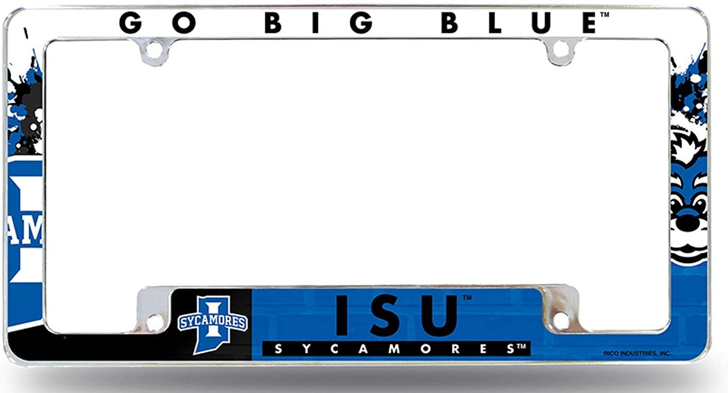 Indiana State University Sycamores Metal License Plate Frame Chrome Tag Cover, All Over Design, 6x12 Inch