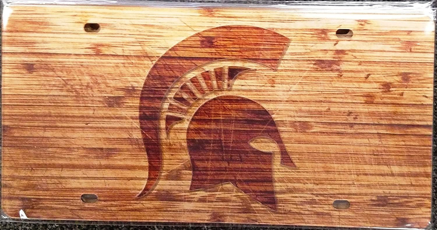 Michigan State University Spartans Premium Laser Cut Tag License Plate, Woodgrain Design, Mirrored Acrylic Inlaid, 6x12 Inch