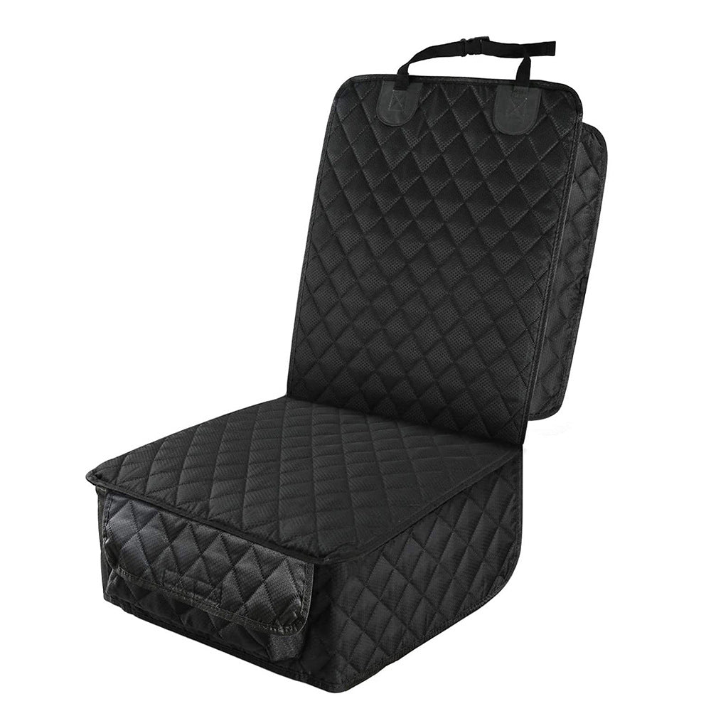Single black quilted front seat cover, studio view