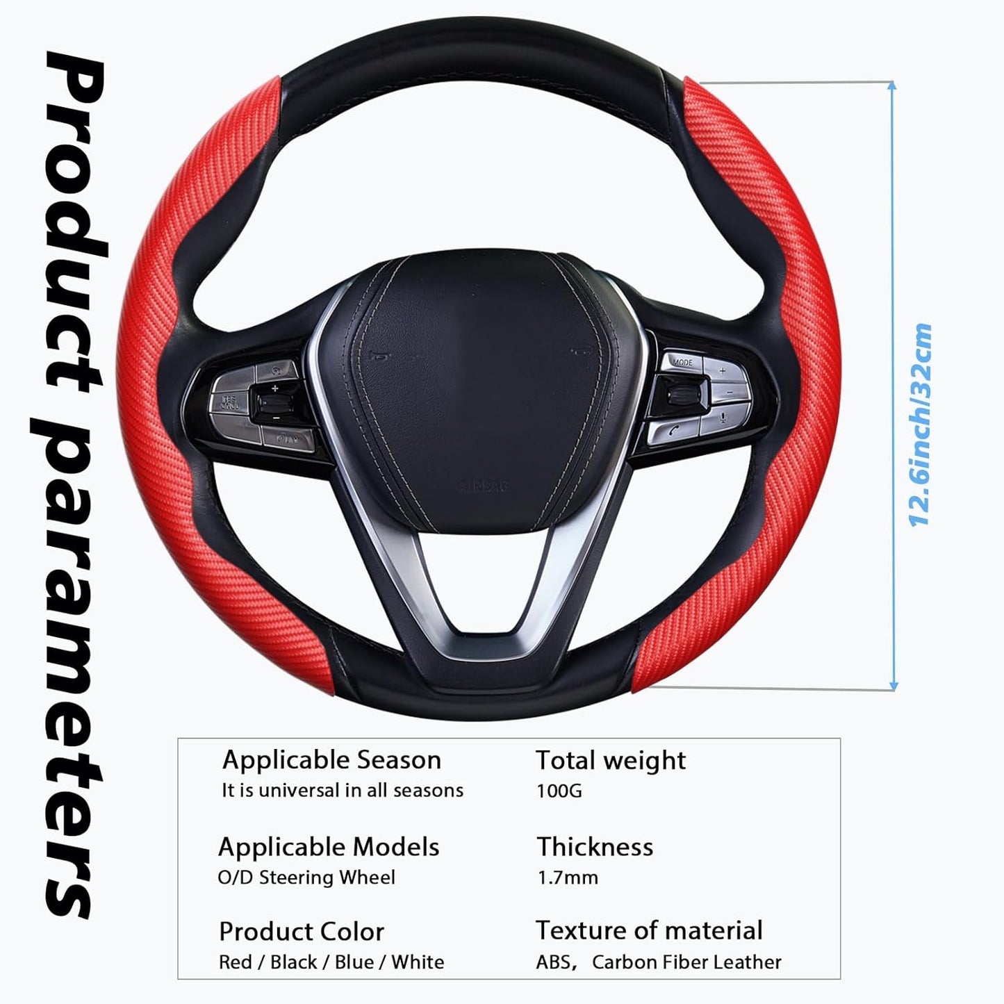 Red Carbon Fiber Car Steering Wheel Cover Universal Fit for Most Cars with Non-Slip Lining