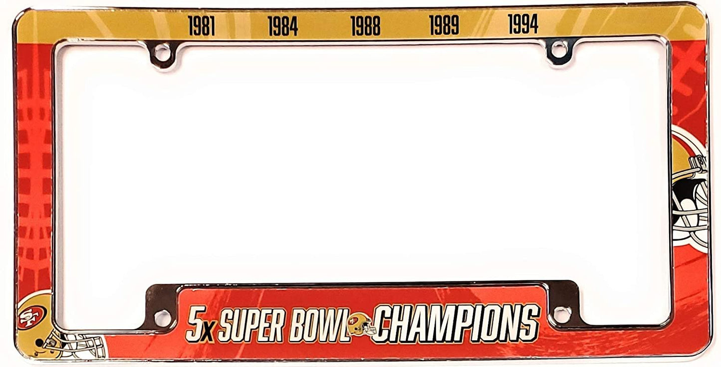 San Francisco 49ers 5X Time Champions Metal License Plate Frame Chrome Tag Cover, All Over Design, 6x12 Inch