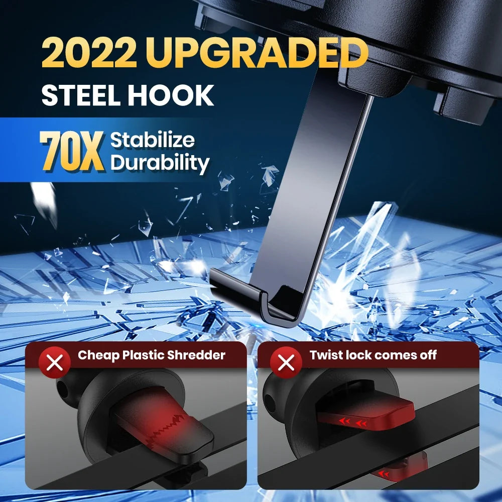2022 upgraded steel hook with durability claims and comparison to cheaper options on a blue background.