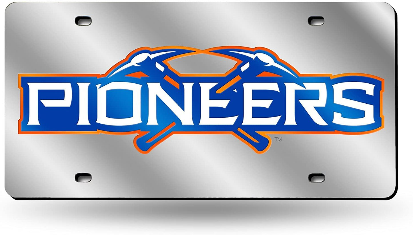 University of Wisconsin Platteville Pioneers Laser Cut Tag License Plate, Mirrored Acrylic Inlaid, 12x6 Inch