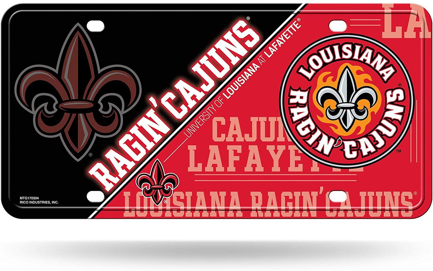 University of Louisiana Lafayette Raging Cajuns Metal Auto Tag License Plate, Split Design, 6x12 Inch