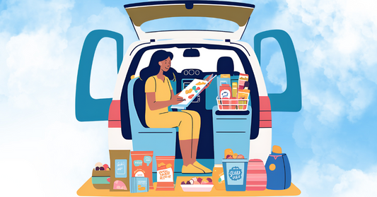 Animated woman takes a moment while preparing the car with a car organizer for snacks and activities before a much anticipated family road trip.