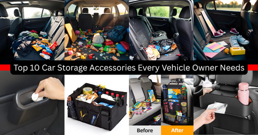 Problem images of messy vehicle interiors over corresponding pictures of various vehicle storage and organization solutions.