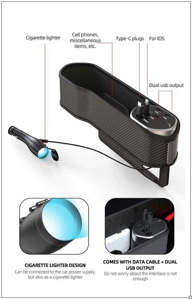 Car Seat Gap Storage and Organizer with Fast and Wireless Charging Options