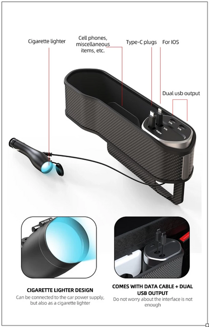 Car Seat Gap Storage and Organizer with Fast and Wireless Charging Options