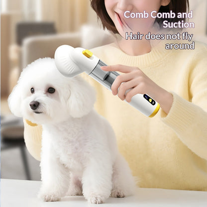 Woman grooming a white poodle with the comb suction head