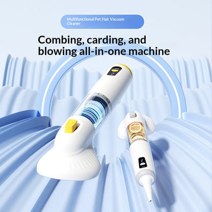 Pet grooming vacuum shown for combing, carding and blowing
