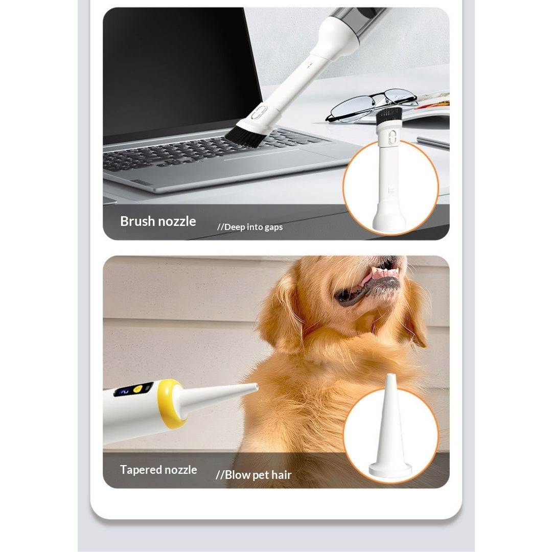 Brush nozzle cleaning a keyboard and tapered nozzle blowing dog hair