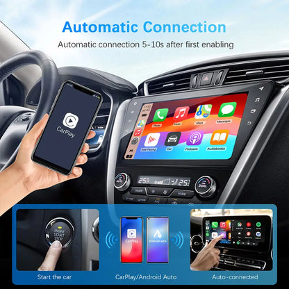 Car dashboard with a touchscreen display and smartphone, featuring CarPlay connection.
