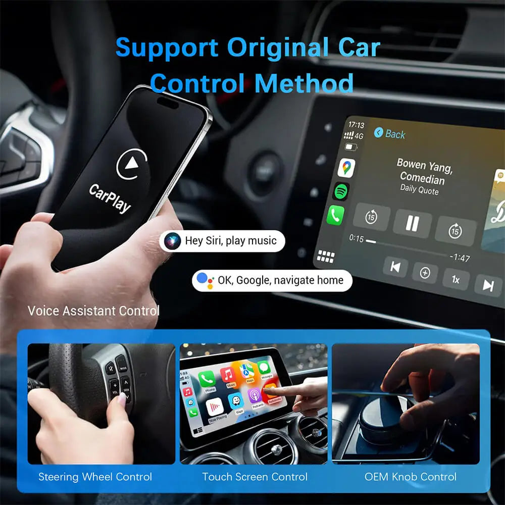 Car infotainment system with smartphone, voice assistant control, and various controls on a dashboard.