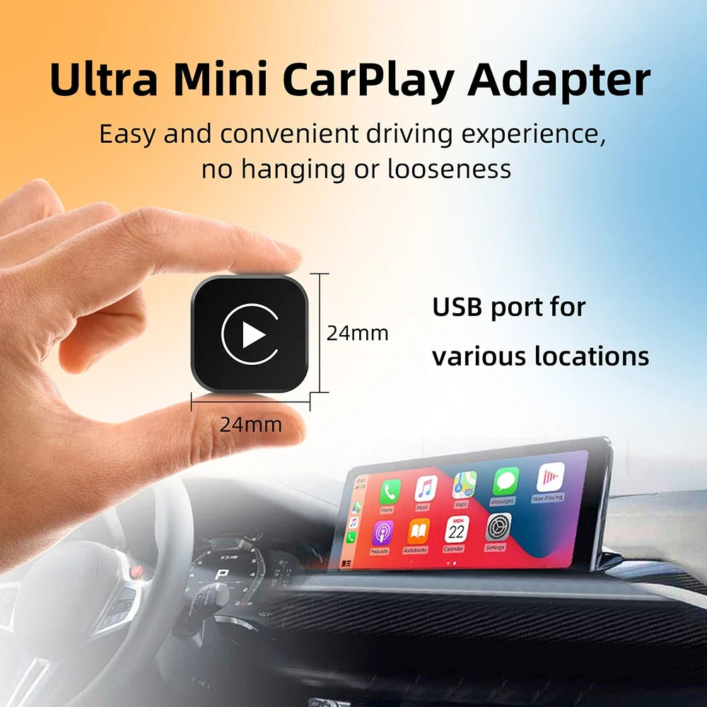 Ultra Mini CarPlay Adapter with hand holding it, car interior background