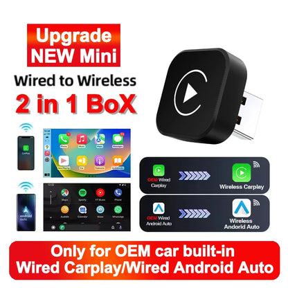 2-in-1 car audio upgrade device with CarPlay and Android Auto compatibility on a white background.