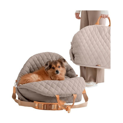 Dog in the light tan quilted 3-in-1 pet carrier bed