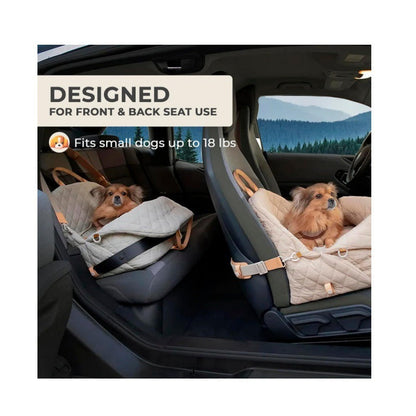 Two small dogs riding in quilted carriers on the front and back seats