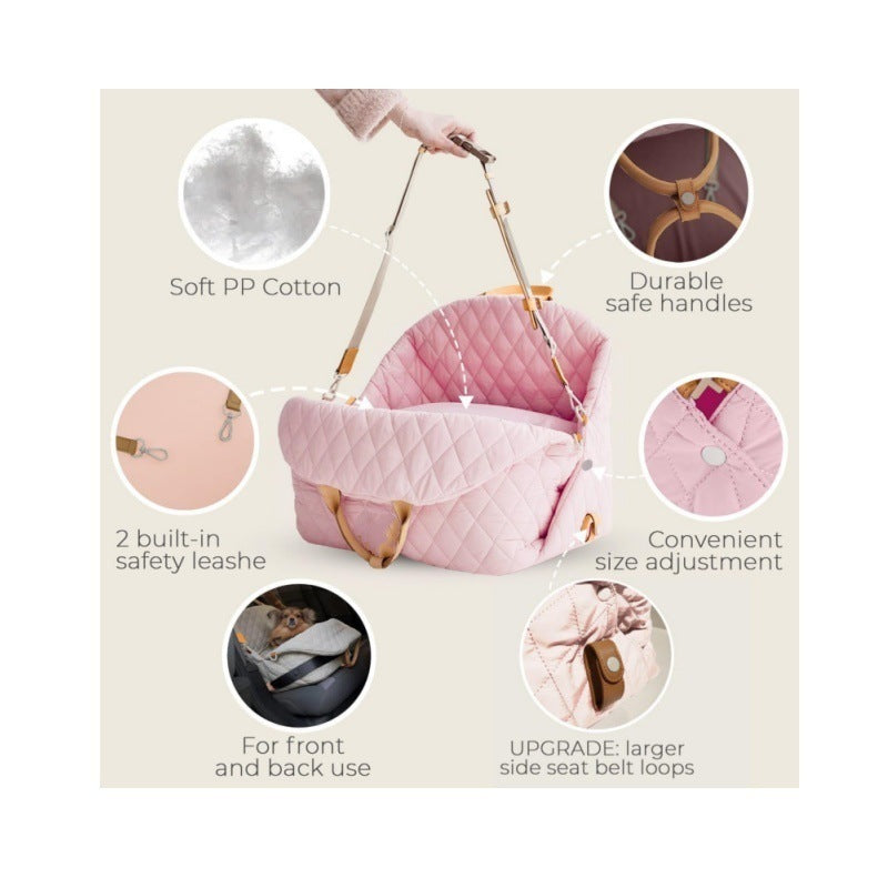 Pink 3-in-1 carrier with callouts for fill, handles, safety leashes and seat belt loops