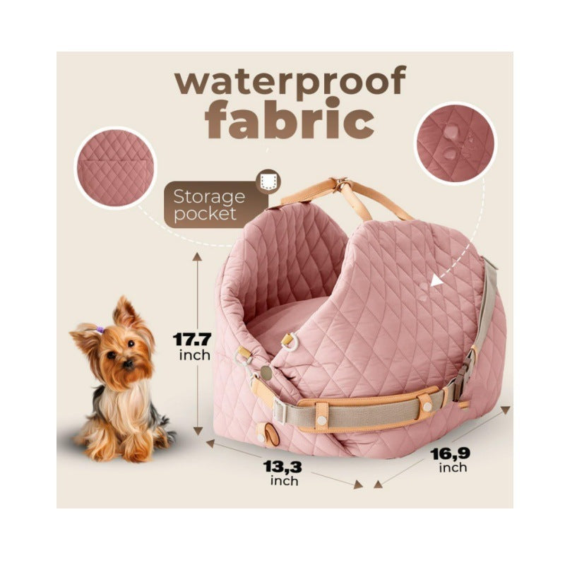 Pink quilted carrier with storage pocket and 16.9 x 13.3 x 17.7 in dimensions beside a Yorkie