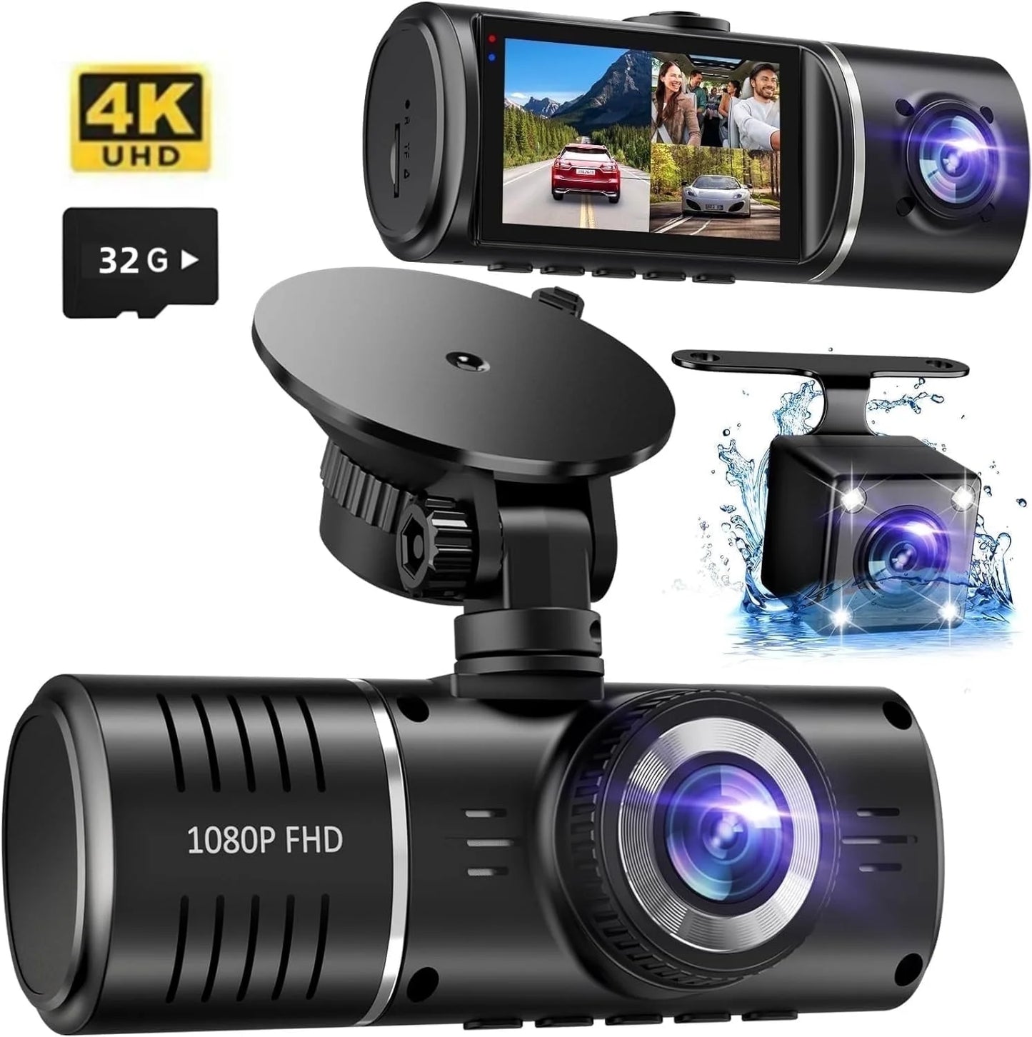 3 Channel Dash Cam, 4K+1080P Dash Cam Front, Rear and Inside with Night Vision