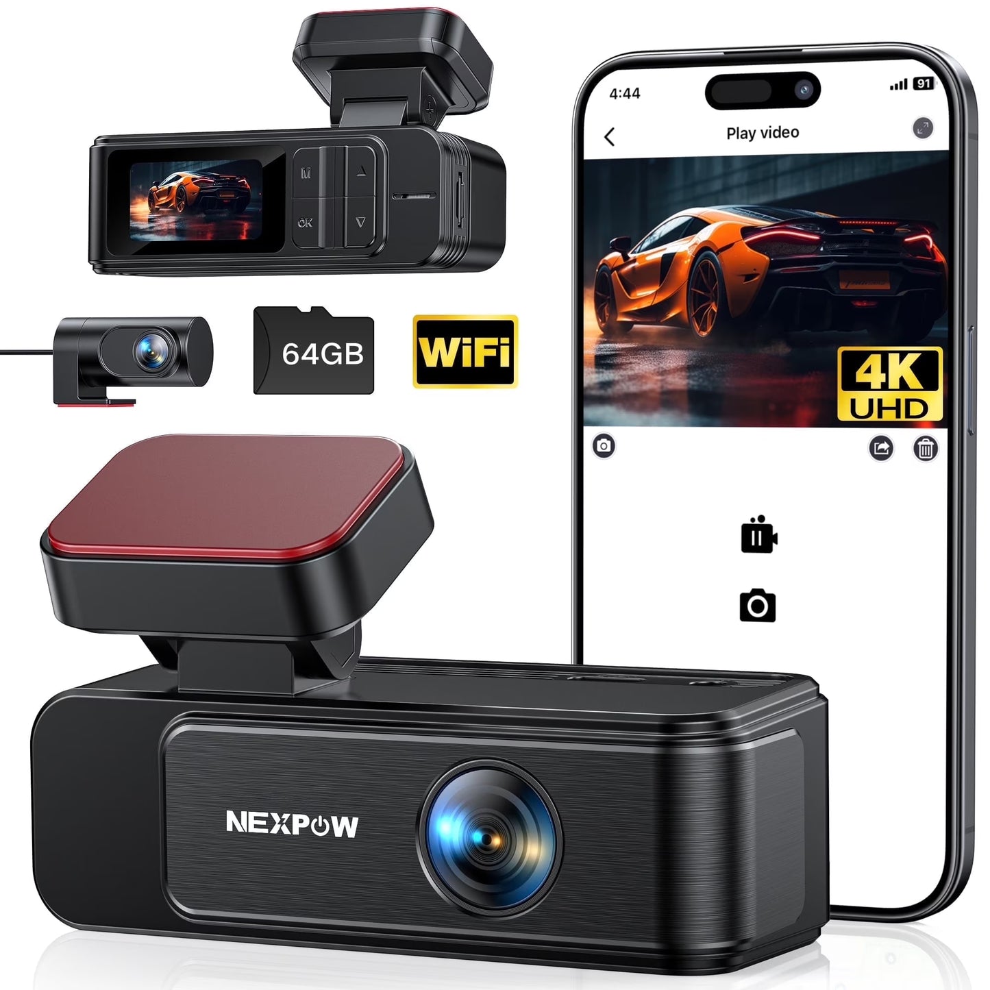 4K+2K Dash Cam,Front and Rear Dual Dash Camera with 64GB Card, Built-In Wifi, Night Vision, G-Sensor, Loop Recording