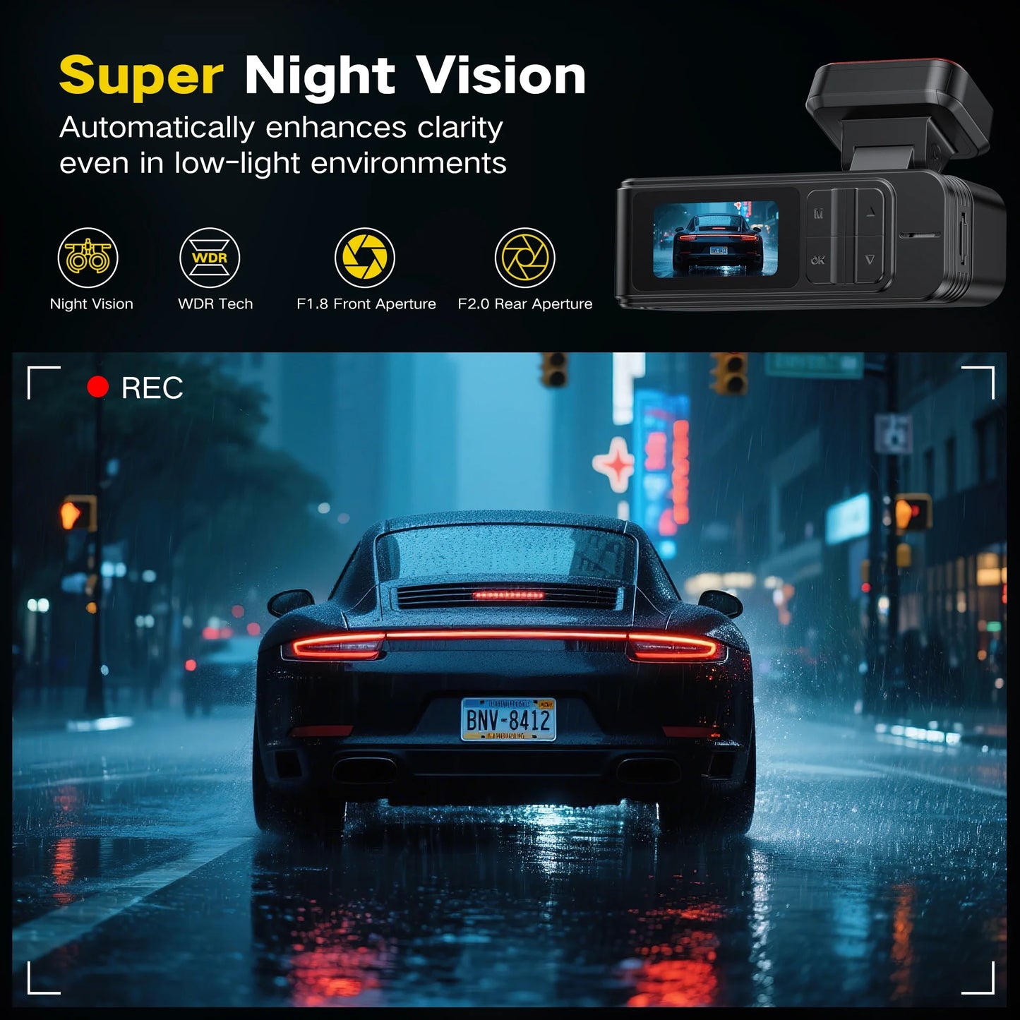 4K+2K Dash Cam,Front and Rear Dual Dash Camera with 64GB Card, Built-In Wifi, Night Vision, G-Sensor, Loop Recording