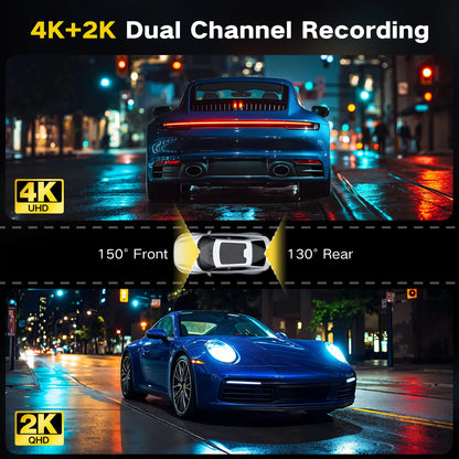 4K+2K Dash Cam,Front and Rear Dual Dash Camera with 64GB Card, Built-In Wifi, Night Vision, G-Sensor, Loop Recording