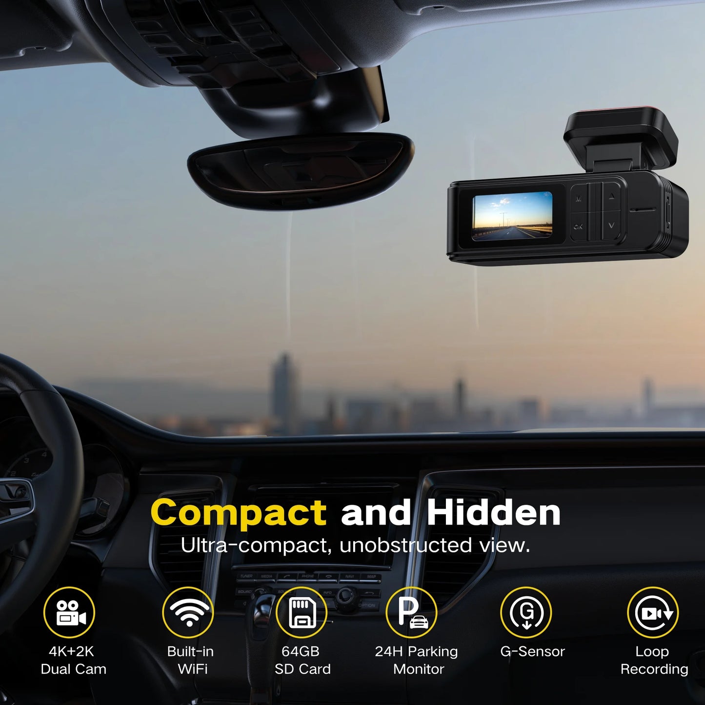 4K+2K Dash Cam,Front and Rear Dual Dash Camera with 64GB Card, Built-In Wifi, Night Vision, G-Sensor, Loop Recording