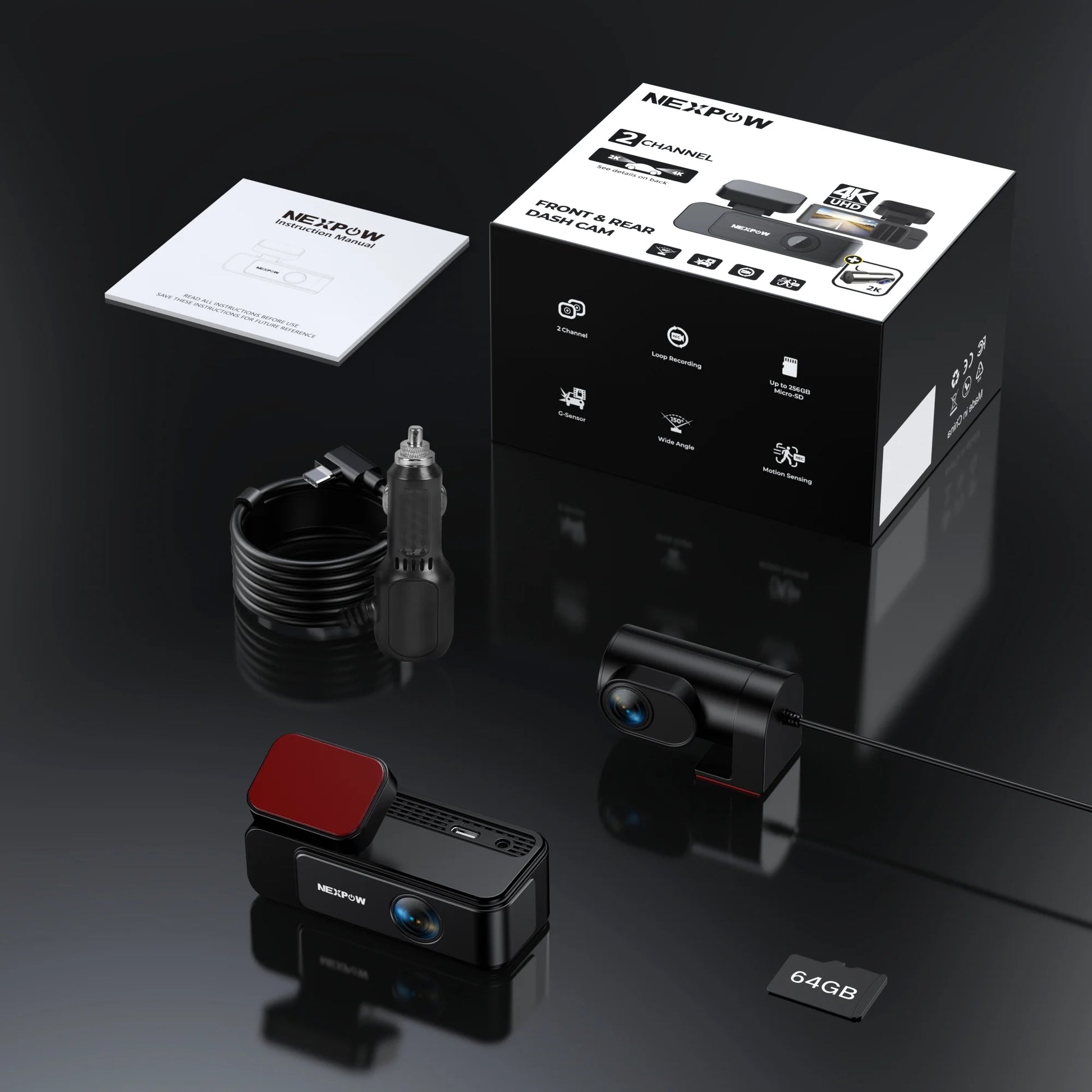 4K+2K Dash Cam,Front and Rear Dual Dash Camera with 64GB Card, Built-In Wifi, Night Vision, G-Sensor, Loop Recording