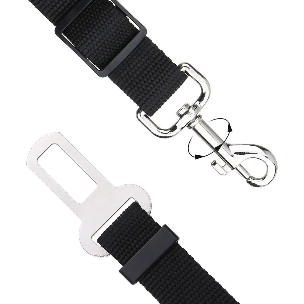 Black woven car seat belt strap with silver metal clasp and buckle, shown on a plain white background with a close-up of the buckle mechanism.