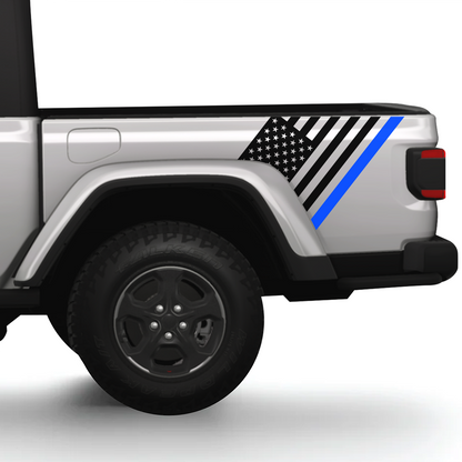 American Flag with Blue Stripe Bedside Graphics for Jeep Gladiator – Patriotic Blue Line Truck Decals (2-Piece Set)