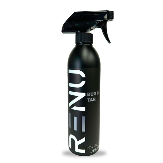 A black spray bottle of RENU Bug & Tar cleaner, featuring a matte black finish, a black trigger spray top, and bold white text on the front, set against a plain white background.