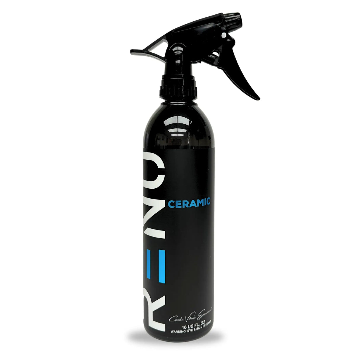 A black spray bottle of RENO Ceramic glass cleaner with a black trigger sprayer, featuring white and blue branding on a white background.