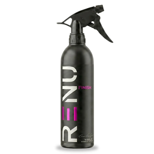 Black spray bottle with 'RENU' branding on a white background