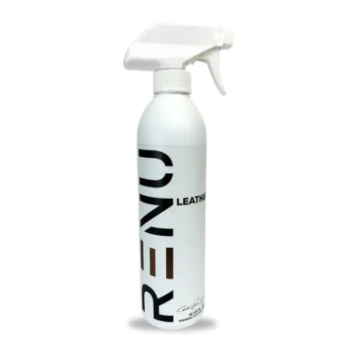 A white spray bottle of RENO Leather cleaner with a white trigger sprayer and black text on a white background.