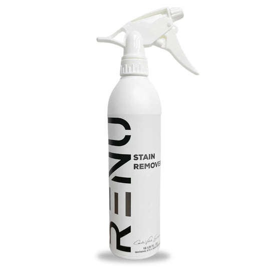 A white spray bottle of RENO Stain Remover with a white trigger sprayer and black text on a white background.