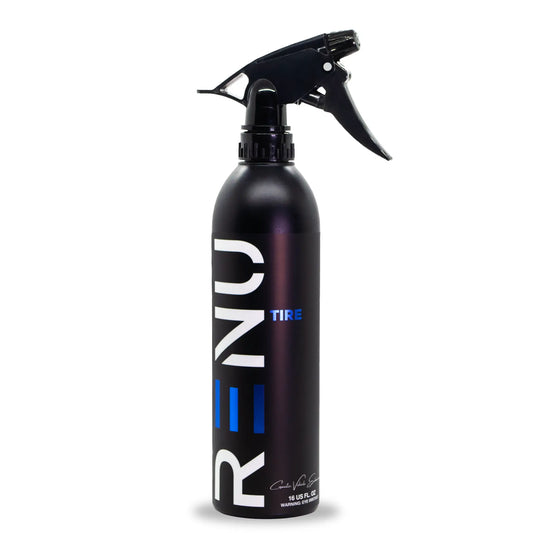 A black spray bottle of RENU Tire with a black trigger sprayer, featuring white and blue branding on a clean white background.