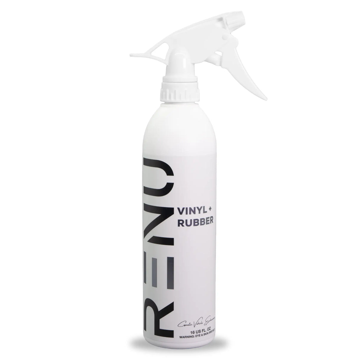 A white spray bottle of RENO Vinyl + Rubber cleaner with a white trigger sprayer, shown on a clean white background.