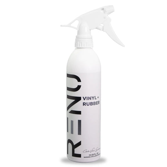 A white spray bottle of RENO Vinyl + Rubber cleaner with a white trigger sprayer, shown on a clean white background.