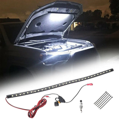 Car with open hood illuminated by a car LED light bar, with additional light bar and connectors displayed below.