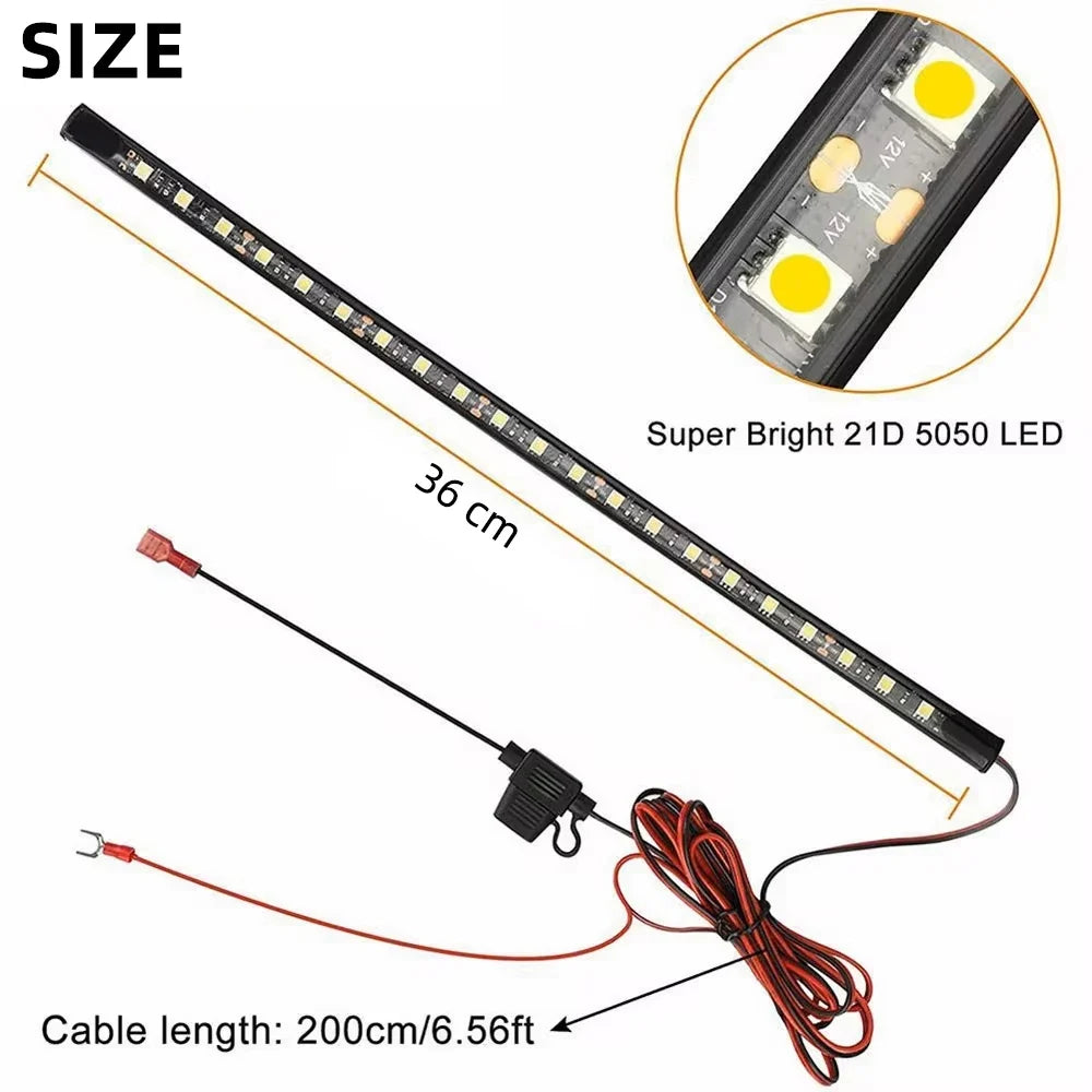 LED strip light with cable, size details, and close-up of LED chips on a white background.